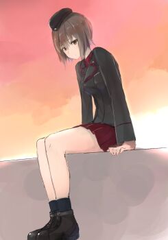 Rule 34 | black hat, black jacket, black shoes, brown eyes, brown hair, commentary request, cross, full body, garrison cap, girls und panzer, hair between eyes, hat, highres, iron cross, jacket, kneehighs, kuromorimine military uniform, legs together, long sleeves, military hat, military jacket, military uniform, miniskirt, nishizumi maho, pleated skirt, red shirt, shirt, shoes, short hair, sitting, skirt, socks, sunset, wawawa (hisuterisisusa)
