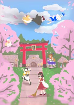 6+girls angry apron ascot belt black_belt black_dress black_hat black_shoes black_skirt black_vest blonde_hair blue_bow blue_eyes blue_hair blue_ribbon blue_shoes blue_skirt blue_vest blush bow bowtie broom brown_eyes brown_hair bush buttons chain cherry cherry_blossoms cirno closed_mouth cloud commentary contrast_collar detached_sleeves dress drooling falling_petals floating flying food footwear_bow frilled_hair_tubes frilled_shirt_collar frilled_skirt frills fruit gourd grass hair_bow hair_ribbon hair_tubes hakurei_reimu hat hat_bow highres holding holding_broom holding_gourd horn_ornament horn_ribbon horns ibuki_suika kirisame_marisa lily_white long_hair long_sleeves medium_hair multiple_girls open_mouth outdoors petals red_ascot red_bow red_bowtie red_ribbon red_shirt red_shoes red_skirt rgley ribbon rumia running shirt shoes short_hair shrine skirt sleeping sleeve_ribbon socks standing torii touhou tree very_long_hair vest waist_apron walking well white_apron white_bow white_dress white_hat white_shirt white_sleeves white_socks wings witch_hat yellow_eyes