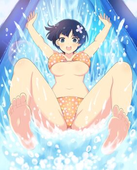 1girl barefoot bikini blue_eyes blue_hair blunt_bangs blush bowl_cut breasts cleavage floral_print floral_print_bikini flower groin_tendon hair_flower hair_ornament large_breasts lens_flare looking_at_viewer micro_bikini navel non-web_source official_art open_mouth orange_bikini print_bikini senran_kagura senran_kagura_new_wave senran_kagura_shinovi_versus short_hair slide sliding smile solo sparkle splashing swimsuit teeth tongue underboob upper_teeth_only water water_slide yozakura_(senran_kagura)