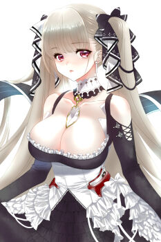 1girl azur_lane bare_shoulders between_breasts black_dress black_ribbon breasts cleavage clothing_cutout collarbone commentary_request cowboy_shot detached_collar dress earrings flight_deck formidable_(azur_lane) frilled_dress frills grey_hair highres jewelry large_breasts long_hair long_sleeves looking_at_viewer meteolance necktie necktie_between_breasts red_eyes ribbon shoulder_cutout simple_background solo twintails two-tone_ribbon variant_set very_long_hair white_background white_ribbon