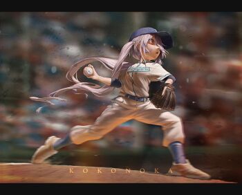 Rule 34 | 1girl, absurdres, artist name, ball, bandaid, bandaid on cheek, bandaid on face, bandaid on nose, baseball, baseball cap, baseball glove, baseball uniform, belt, blue hat, blue socks, blurry, commentary, depth of field, dynamic pose, english commentary, hair over one eye, hat, highres, holding, holding ball, hololive, hololive english, kokono ka, koseki bijou, letterboxed, long hair, los angeles dodgers, motion blur, official alternate costume, open mouth, pants, pitching, purple eyes, purple hair, shirt, shoes, socks, solo focus, sportswear, twintails, virtual youtuber, white pants, white shirt