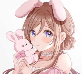 1girl absurdres animal_ears bare_shoulders blue_eyes blush brown_hair choker closed_mouth collarbone commentary dress fake_animal_ears frilled_choker frills gakuen_idolmaster hair_between_eyes hair_bun hanilz highres himesaki_rinami holding holding_stuffed_toy idolmaster light_frown long_hair looking_at_viewer portrait rabbit_ears signature simple_background single_hair_bun solo strapless strapless_dress stuffed_animal stuffed_rabbit stuffed_toy symbol-only_commentary white_background white_choker