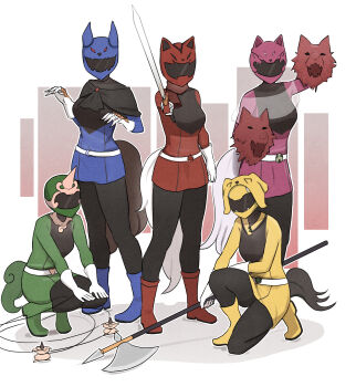 5girls absurdres alternate_costume animal_ears animal_helmet animal_puppet belt belt_buckle black_capelet black_pants black_shirt blue_boots blue_helmet blue_shirt boots breasts brooch brown_background buckle capelet clenched_hand commentary commission dog_ears dog_tail english_commentary fake_horns gloves gradient_background green_boots green_helmet halberd hand_puppet hands_on_own_knees helmet highres holding holding_polearm holding_sword holding_weapon horned_helmet horns imaizumi_kagerou inubashiri_momiji jewelry kasodani_kyouko komainu_ears komainu_girl komainu_tail komano_aunn leaf long_sleeves looking_at_viewer maple_leaf mata_(matasoup) medium_breasts mitsugashira_enoko multiple_girls on_one_knee pants pink_helmet pink_shirt polearm puppet rectangle red_background red_boots red_helmet red_shirt see-through_capelet see-through_clothes shirt single_horn squatting standing super_sentai sword tail touhou two-tone_shirt weapon weapon_request white_background white_belt white_gloves wolf_girl wolf_tail yellow_boots yellow_helmet yellow_shirt