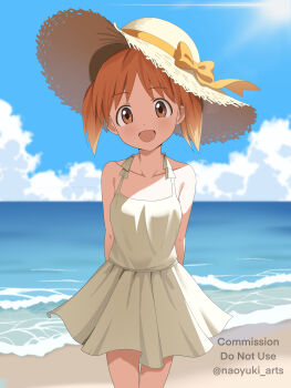 Rule 34 | 1girl, absurdres, arms behind back, azumanga daiou, bare shoulders, beach, blue sky, bow, brown eyes, collarbone, commentary request, commission, dot nose, dress, hat, hat bow, highres, looking at viewer, mihama chiyo, naoyuki arts, ocean, open mouth, orange hair, outdoors, sand, short dress, short hair, sidelocks, sky, smile, solo, straw hat, sun, sundress, water, watermark, white dress, yellow bow