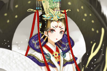 1girl beads blessed_azure_dragon_(miracle_nikki) capelet chinese_clothes chinese_hairpin closed_mouth cloud cloudy_sky collared_capelet commentary_request day dot_nose dragon eastern_dragon expressionless eyeliner facial_mark flower flower_facial_mark flower_symbol forehead_mark hanfu hat hat_flower high_collar light_blush light_particles lipstick looking_at_viewer makeup miqing miracle_nikki mole_beside_mouth multiple_moles nikki_(series) outdoors red_eyeliner red_lips red_ribbon ribbon sky solo thick_eyebrows two-sided_capelet upper_body white_capelet white_hanfu yellow_flower yellow_hat