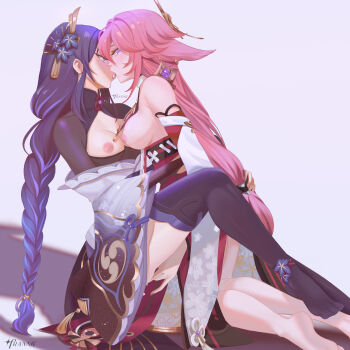 2girls absurdres animal_ear_piercing animal_ears anklet artist_name bare_shoulders barefoot blunt_bangs blush braid breasts bridal_gauntlets center_opening commentary couple crossed_legs detached_collar detached_sleeves english_commentary face-to-face fan_hair_ornament feet fingering fingering_through_clothes flower flower_ornament fox_ears fox_girl franniexo french_kiss genshin_impact glowing glowing_eyes gradient_hair hair_between_eyes hair_ornament hair_ribbon hand_on_another&#039;s_back headpiece heads_together highres imminent_kiss japanese_clothes jewelry kimono kiss large_breasts leaning_back leaning_forward leaning_on_person long_braid long_hair long_sleeves looking_to_the_side low-tied_long_hair mitsudomoe_(shape) mole mole_under_eye multicolored_hair multiple_girls neck_ribbon nipples no_shoes noses_touching off_shoulder open_mouth pink_hair pink_nails puffy_nipples purple_background purple_eyes purple_flower purple_hair purple_kimono purple_thighhighs raiden_shogun red_ribbon ribbon sex shade shaded_face shadow signature single_braid soles streaked_hair thighhighs through_clothes tomoe_(symbol) tongue tongue_out upper_body wide_sleeves yae_miko yuri