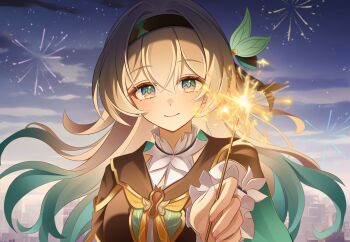 1girl aerial_fireworks black_jacket blush breasts chijiandeyusang closed_mouth commentary_request firefly_(honkai:_star_rail) fireworks gradient_hair green_eyes green_hair grey_hair hair_between_eyes hair_ornament highres holding holding_fireworks honkai:_star_rail honkai_(series) jacket long_hair long_sleeves looking_at_viewer medium_breasts multicolored_hair neckerchief night orange_neckerchief outdoors smile solo upper_body