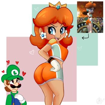 1boy 1girl :d ass ass_focus blue_eyes blush breasts brown_hair crop_top crown daisy's_hot_stuff_(meme) earrings facial_hair flower_earrings gloves green_hat green_headwear green_shirt hand_on_own_hip hat heart highres inset jewelry long_hair long_sleeves looking_at_another looking_at_viewer looking_back luigi mario_(series) mario_strikers_(series) midriff mustache nintendo open_mouth overalls princess_daisy red_eyes shirt short_hair short_sleeves shorts smile sportswear super_mario_strikers teeth theartyoshi v-shaped_eyebrows wavy_mouth white_gloves