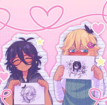 1boy 1girl ^_^ alternate_skin_color antenna_hair basil_(faraway)_(omori) basil_(omori) black_hair blonde_hair blush cable_knit closed_eyes closed_mouth colored_eyelashes commentary covered_mouth crossed_bangs dark-skinned_female dark-skinned_male dark_skin donuqx double-parted_bangs drawing_(object) drawstring earrings english_commentary flipped_hair flower glasses green_sweater_vest grey_hoodie hair_between_eyes hair_flower hair_ornament halftone halftone_background heart holding holding_drawing hood hood_down hoodie jewelry leaf looking_at_viewer medium_hair mincy_(omori) multicolored_hair nose_blush omori outline pink_background pink_flower raised_inner_eyebrows red-framed_eyewear roots_(hair) shirt short_hair short_sleeves simple_background smile star_(symbol) star_earrings sweater_vest two-tone_hair upper_body white_outline white_shirt