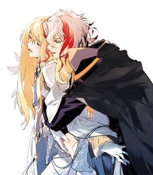 2boys ascot bishounen black_bodysuit black_cape blonde_hair blue_ascot bodysuit cape closed_eyes commentary cowboy_shot fate/grand_order fate_(series) feathers frilled_sleeves frills from_side front-to-back gloves gold_trim grey_hair hair_between_eyes hand_on_own_stomach hug hug_from_behind jacket kirschtaria_wodime light_blush long_hair long_sleeves looking_at_another lower_teeth_only m-tobiei male_focus multicolored_hair multiple_boys odysseus_(fate) open_fly open_mouth pants red_hair short_hair simple_background streaked_hair teeth unbuttoned white_background white_cape white_feathers white_gloves white_jacket white_pants yaoi yellow_eyes
