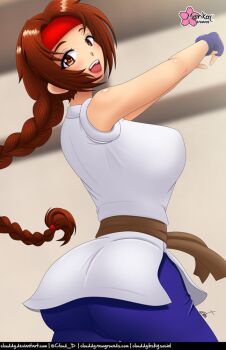 1girl ass braid braided_ponytail breasts brown_eyes brown_hair cloud_d cloudd cloudddddddd dougi female_focus from_behind hairband huge_ass karate_gi large_breasts leggings long_hair looking_at_viewer looking_back open_mouth pants skin_tight skirt smile smiley_face spandex standing the_king_of_fighters thick_thighs thighs toned toned_female yoga_pants yuri_sakazaki
