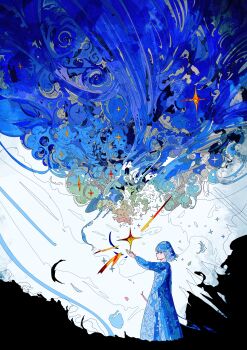 Rule 34 | 1girl, absurdres, blue dress, blue theme, bob cut, closed mouth, commentary request, dress, from side, hato (n hat mu), highres, long sleeves, magic, original, outstretched arm, solo, wind