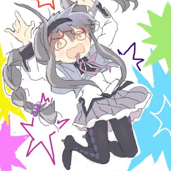 1girl @_@ akemi_homura akemi_homura_(magical_girl) arched_back argyle_clothes argyle_thighhighs arms_up braid capelet grey_hair hairband light_blush long_hair long_sleeves low_twin_braids magical_girl mahou_shoujo_madoka_magica midair open_mouth peanut_mouth pleated_skirt red-framed_eyewear skirt solo spiral-only_eyes star_(symbol) star_symbol_background twin_braids yoyoyotto