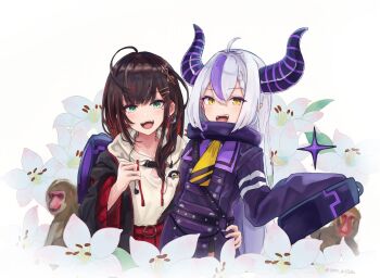 2girls absurdres arm_around_shoulder belt black_jacket colored_inner_hair crescent crescent_earrings dora_(dr3032) earphones_around_neck earrings fangs flower green_eyes grey_hair grey_hoodie hair_behind_ear hair_between_eyes hand_on_another's_waist highres hizuki_yui hololive hood hoodie horns jacket jewelry la+_darknesss la+_darknesss_(1st_costume) long_sleeves looking_at_viewer mole mole_under_eye monkey multicolored_hair multiple_girls neo-porte purple_jacket red_belt red_skirt skirt sleeves_past_wrists smile streaked_hair stuffed_animal stuffed_penguin stuffed_toy sweater_tucked_in virtual_youtuber white_flower yellow_eyes