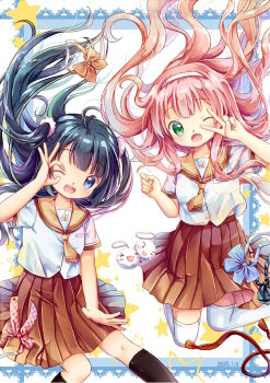2girls ;d ahoge black_hair black_socks blue_eyes breasts brown_necktie brown_sailor_collar brown_skirt buji buttons charm_(object) commentary_request dated floating_hair green_eyes hair_ornament hair_scrunchie hairband highres jumping kneehighs long_hair multiple_girls necktie ok_sign ok_sign_over_eye one_eye_closed open_mouth original pink_hair pleated_skirt sailor_collar school_uniform scrunchie serafuku shirt short_necktie short_sleeves skirt small_breasts smile socks thighhighs v v_over_eye white_background white_hairband white_shirt white_thighhighs