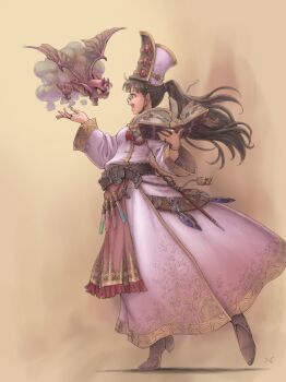 1girl :d absurdres bangle belt book bookmark boots bracelet breasts brown_eyes brown_hair demon floral_print full_body glasses hat high_heels highres jewelry long_hair long_sleeves looking_at_another nishi open_book open_mouth original pentagram pince-nez pointy_ears ponytail profile ring robe smile smoke standing standing_on_one_leg stuffed_animal stuffed_toy summoning teddy_bear test_tube wand wings yellow_eyes