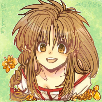 Rule 34 | 10s, 1girl, 2015, :d, arc the lad, arc the lad ii, artist name, bare shoulders, blonde hair, braid, brown eyes, brown hair, collarbone, dated, female focus, flower, green background, heart, lieza (arc the lad), looking at viewer, off shoulder, open mouth, simple background, smile, solo, teeth, tofuuu, upper body