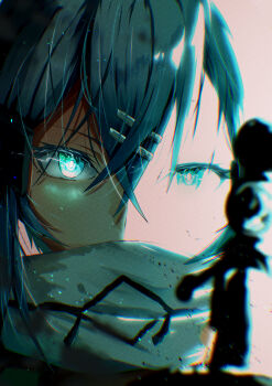 1girl anti-materiel_rifle aqua_eyes aqua_hair bolt_action glowing glowing_eyes gun hair_ornament hairclip highres ni_mono pgm_hecate_ii rifle scarf scope sidelocks sinon sniper_rifle sword_art_online weapon white_scarf