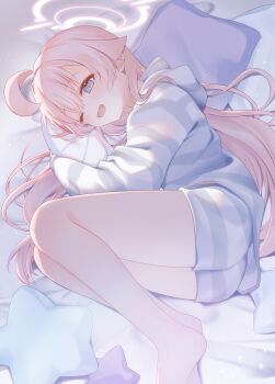 1girl absurdres ahoge alternate_costume bare_legs barefoot bed_sheet blue_archive blue_eyes commentary_request halo highres hoshino_(blue_archive) long_hair looking_at_viewer lying nifuji on_side one_eye_closed open_mouth pajamas pillow pink_hair shirt sidelocks smile solo star-shaped_pillow striped_clothes striped_shirt thighs