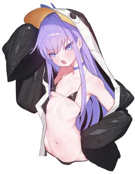 1girl :c absurdres angry animal_hood arched_back arm_up bare_shoulders bikini black_bikini black_jacket blue_eyes blush breasts camomo_nay choker collarbone cropped_torso fate/grand_order fate_(series) glaring hand_on_own_hip highres hip_bones hood hood_up hooded_jacket jacket jacket_over_swimsuit linea_alba long_sidelocks long_sleeves looking_at_viewer meltryllis meltryllis_(fate) meltryllis_(swimsuit_lancer)_(fate) meltryllis_(swimsuit_lancer)_(first_ascension)_(fate) micro_bikini mons_pubis navel open_clothes open_jacket open_mouth penguin_hood petite purple_choker purple_hair ribs shiny_skin side_ahoge sidelocks simple_background skinny sleeves_past_fingers sleeves_past_wrists small_breasts solo stomach straight_hair strap_gap string_bikini swimsuit tsurime v-shaped_eyebrows visor_cap white_background