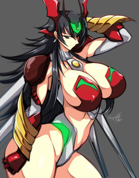 1girl absurdres black_hair bodysuit breasts cleavage covered_erect_nipples curvy getter_arc getter_robo getter_robo_arc glowing haganef hand_on_own_head head_wings highres huge_breasts humanization impossible_bodysuit impossible_clothes large_breasts long_hair mecha mecha_musume navel personification revealing_clothes robot solo super_robot thighhighs very_long_hair wings yellow_eyes