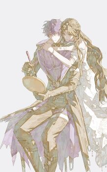 Rule 34 | 1boy, 1girl, arms around neck, bare shoulders, black boots, black gloves, black pants, boots, brown hair, chaoxibumian, commentary, couple, detached sleeves, dress, feet out of frame, gloves, half updo, hetero, highres, holding, holding paintbrush, holding picture frame, hug, hug from behind, light smile, long coat, long dress, long hair, love and deepspace, off-shoulder dress, off shoulder, official alternate costume, paintbrush, painting (action), pants, parted bangs, picture frame, puffy short sleeves, puffy sleeves, purple hair, rafayel (love and deepspace), short hair, short sleeves, symbol-only commentary, thigh strap, torn clothes, torn coat, white background, white dress