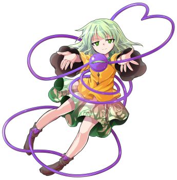 1girl alphes_(style) breasts buttons commentary_request dairi eyeball floral_print floral_print_skirt full_body green_eyes green_hair heart heart_of_string komeiji_koishi large_variant_set long_sleeves no_headwear outstretched_arms parody print_skirt ribbon shirt short_hair skirt solo string style_parody tachi-e third_eye touhou transparent_background variant_set wide_sleeves yellow_shirt