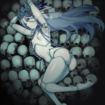 1girl absurdres ass blue_eyes breasts damagefloor doll doll_joints elden_ring elden_ring_nightreign flower fromsoftware grey_hair hair_flower hair_ornament highres joints looking_at_viewer revenant_(elden_ring) skull small_breasts