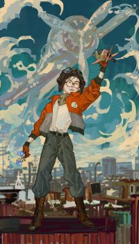 1boy :d absurdres arm_up aviator_goggles baggy_pants belt black_eyes bomber_jacket boots cloud cloudy_sky commentary day disco_elysium english_commentary eyewear_on_head flower flower_request glasses gloves grin helmet highres holding holding_flower holding_toy jacket kim_kitsuragi kozmoraven1610 male_focus open_mouth orange_gloves orange_jacket outdoors pants rooftop shaped_cloud shirt_tucked_in sky smile solo standing sweater toy toy_airplane turtleneck turtleneck_sweater vest white_vest