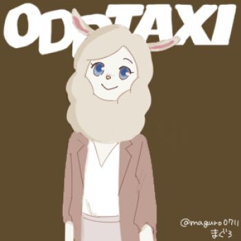 1girl alpaca_ears alpaca_girl animal_ears artist_name blue_eyes brown_background coat light_smile looking_at_viewer lowres maguroattack odd_taxi shirakawa_miho shirt simple_background white_shirt
