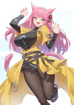 1girl :d animal_ears belt black_bodysuit black_pantyhose black_skirt blue_eyes blush bodysuit breasts cat_ears cat_girl cat_tail center_opening commentary commission dress english_commentary fang final_fantasy final_fantasy_xiv flower hair_flower hair_ornament hairband highres large_breasts long_hair looking_at_viewer miqo'te open_mouth pantyhose pink_nails pink_tail pleated_skirt raijuu_(bakanara) simple_background skin_fang skirt smile solo tail warrior_of_light_(ff14) white_hairband yellow_dress