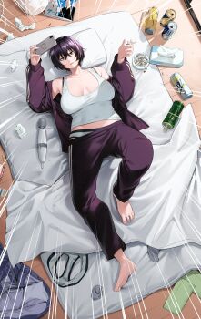 1girl absurdres ashtray barefoot bed_sheet bra_strap breasts cable can cellphone cigarette cigarette_butt commentary_request cover cover_page crossed_bangs drink_can emphasis_lines envelope from_above futon hair_between_eyes highres hitachi_magic_wand holding holding_cigarette holding_phone izumida_fuyuki jacket jacket_partially_removed knee_up large_breasts long_sleeves lying magazine_(object) messy_room midriff_peek official_art on_back on_bed open_clothes open_jacket panties pants panty_peek parted_lips phone pillow plastic_bottle plump purple_hair purple_jacket purple_track_suit receipt red_eyes sagging_breasts sex_toy short_hair smartphone smoke socks strong_zero tank_top tissue_box toes track_jacket track_pants track_suit trash tsurime underwear unworn_panties unworn_pants unworn_socks used_tissue vibrator white_panties white_tank_top wooden_floor yotaka_aoi yotaka_futatabi