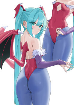 1girl absurdres amaama_(beccyonaika1) aqua_eyes aqua_hair ass bat_wings blue_pantyhose bridal_gauntlets commentary cosplay covered_navel darkstalkers demon_girl from_behind hatsune_miku head_wings highres leotard lilith_(darkstalkers) lilith_(darkstalkers)_(cosplay) long_hair looking_back multiple_views pantyhose red_leotard shiny_pantyhose simple_background twintails vocaloid white_background wings