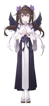 Rule 34 | 1girl, absurdres, black kimono, black wings, brown hair, commentary, commission, english commentary, full body, geta, hat, highres, himekaidou hatate, japanese clothes, kimono, looking at viewer, pixiv commission, pointy ears, pom pom (clothes), purple eyes, purple hat, sana (sanapri11), simple background, smile, socks, solo, tabi, tengu, tokin hat, touhou, twintails, two-tone kimono, white background, white kimono, white socks, wings