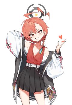 1girl absurdres ahoge black_skirt blue_archive braid collarbone commentary_request cowboy_shot earrings flat_chest halo heart highres huge_ahoge jacket jewelry jjigong_chigon long_sleeves looking_at_viewer mole mole_under_eye neru_(blue_archive) open_clothes open_jacket orange_hair pleated_skirt print_jacket red_eyes red_tank_top simple_background single_braid skirt solo standing stud_earrings sukajan tank_top teeth twitter_username white_background