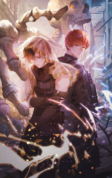 2boys absurdres back-to-back bandaid bandaid_on_face bandaid_on_nose black_gloves black_hair black_shirt electricity fingerless_gloves gloves hair_between_eyes hand_on_own_arm highres male_focus mt_(ringofive) multiple_boys original outdoors rebar red_hair shirt short_hair skeleton standing veil yaoi yellow_eyes