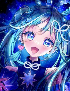 Rule 34 | 1girl, absurdres, aqua hair, bare shoulders, blue eyes, blue nails, blush, braid, braided hair rings, close-up, collarbone, commentary request, crop top, earrings, hair rings, hatsune miku, heart, heart earrings, highres, holding, holding microphone, jewelry, jyuunankyuu, long hair, looking at viewer, magical mirai (vocaloid), magical mirai miku, magical mirai miku (2025), microphone, official alternate costume, official alternate hairstyle, open mouth, single earring, smile, solo, twintails, very long hair, vocaloid