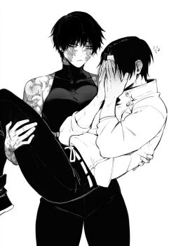 1boy 1girl absurdres burn_scar carrying commentary covering_face embarrassed english_commentary greyscale highres jujutsu_kaisen lifting_person masoq monochrome multiple_scars muscular muscular_female okkotsu_yuuta princess_carry scar scar_on_arm scar_on_face scars_all_over short_hair too_many zen'in_maki zen'in_maki_(post_shibuya)