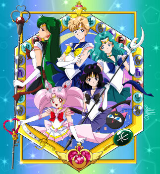 anello81 aqua_hair bishoujo_senshi_sailor_moon blonde_hair blue_bow blue_eyes blue_skirt bow brown_bow chibi_usa choker circlet crossed_arms earrings glaive_(polearm) green_hair highres jewelry kaiou_michiru luna_(sailor_moon) medium_hair meiou_setsuna pink_hair pleated_skirt polearm purple_eyes purple_skirt red_bow red_eyes sailor_chibi_moon sailor_neptune sailor_pluto sailor_saturn sailor_senshi_uniform sailor_uranus short_hair silence_glaive skirt smile staff ten&#039;ou_haruka toei_company tomoe_hotaru upper_body weapon yellow_bow