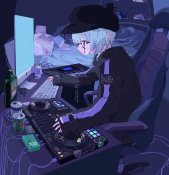 1girl alcohol apple_inc. aqua_hair bed bed_sheet black_hat blue_eyes bottle can chair computer computer_keyboard cup dark dj drinking_glass gaming_chair glasses hat highres instrument keyboard_(instrument) long_sleeves macintosh original outo_eguchi pillow pointy_ears profile safety_pin shoes short_hair shot_glass sitting sleeves_past_wrists solo static sticky_note swivel_chair translation_request wire