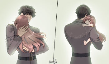 1boy 1girl closed_eyes commander_(nikke) commentary english_commentary father_and_daughter goddess_of_victory:_nikke highres hoshiberuu hug long_hair only_one_(nikke) smile very_long_hair