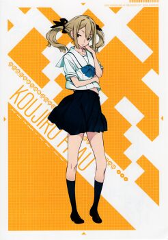 1girl absurdres black_bow blonde_hair blue_bow blue_skirt bow brown_eyes character_name chest_bow chuo_tanegashima_high_school_uniform cropped_shirt expressionless fukuda_tomonori game_cg hair_between_eyes hair_bow high-waist_skirt highres koujiro_frau midriff_peek multiple_hair_bows non-web_source official_art pleated_skirt robotics;notes sailor_collar school_uniform science_adventure shirt short_sleeves sidelocks skirt solo twintails white_sailor_collar white_shirt