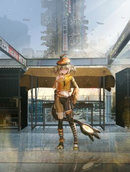 1girl absurdres advarcher ahoge armband bare_shoulders belt black_gloves black_thighhighs blonde_hair boots building cityscape claws closed_mouth commentary crop_top english_commentary fingerless_gloves gigi_murin gloves hand_on_own_hip hat highres hololive hololive_english huge_ahoge light_particles long_sleeves navel orange_armband orange_hat rainbow_gradient reflection science_fiction shorts sign single_sleeve skyscraper solo_focus spacecraft sun_halo sunlight tail thighhighs twintails virtual_youtuber