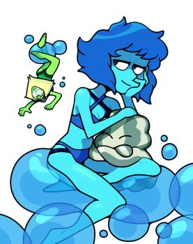 2girls alternate_costume barefoot bikini blue_eyes blue_hair blue_skin breasts closed_mouth colored_skin diamond-shaped_hair discount-supervillain forehead_jewel gem gem_(steven_universe) highres lapis_lazuli_(steven_universe) multiple_girls one-piece_swimsuit peridot_(steven_universe) short_hair simple_background steven_universe swimsuit water