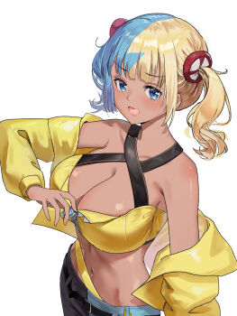 1girl absurdres armpit_crease blonde_hair blue_eyes blue_hair breasts canari_(pokemon) cleavage cropped_jacket dark-skinned_female dark_skin highres jacket kian large_breasts looking_at_viewer midriff multicolored_hair navel nintendo off_shoulder open_mouth pokemon pokemon_legends:_z-a simple_background solo split-color_hair twintails two-tone_hair white_background yellow_jacket