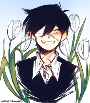 Rule 34 | 1boy, :d, ^ ^, antenna hair, black hair, black sweater, blue background, blush, closed eyes, collared shirt, commentary, cropped torso, double-parted bangs, ear blush, english commentary, eyepatch, facing viewer, floral background, flower, gradient background, grin, hair behind ear, highres, k0re drawings, male focus, medical eyepatch, omori, one eye covered, open mouth, shirt, short hair, simple background, smile, solo, spoilers, straight-on, sunny (omori), sweater, tulip, twitter username, two-tone background, very short hair, white background, white flower, white tulip