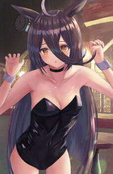 Rule 34 | 1girl, ahoge, animal ears, bare shoulders, black choker, black hair, black leotard, blush, breasts, choker, claw pose, cleavage, clock, collarbone, commentary request, ear tag, earrings, hair between eyes, highres, horse ears, horse girl, indoors, jewelry, leotard, long bangs, long hair, long hair between eyes, looking at viewer, manhattan cafe (umamusume), multicolored hair, parted lips, playboy bunny, single earring, small breasts, solo, strapless, strapless leotard, thurumu, umamusume, very long hair, wall clock, white hair, white wrist cuffs, wrist cuffs, yellow eyes