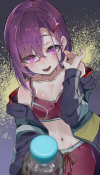 absurdres blush bottle breasts commentary_request hair_between_eyes hair_ornament hairclip highres holding holding_bottle jacket korean_commentary long_sleeves looking_at_viewer medium_breasts mikazuki_shizuka navel off_shoulder open_clothes open_jacket open_mouth purple_eyes purple_hair shiny_skin short_hair shorts smile sports_bra syuje water_bottle zom_100:_zombie_ni_naru_made_ni_shitai_100_no_koto