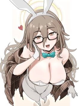 Rule 34 | 1girl, :d, absurdres, akane (blue archive), akane (bunny) (blue archive), amidatto, animal ear hairband, animal ears, aqua bow, aqua bowtie, black-framed eyewear, blue archive, bow, bowtie, breasts, brown eyes, brown hair, brown scarf, cleavage, commentary request, detached collar, fake animal ears, from above, glasses, gloves, hairband, halo, hand up, heart, highres, large breasts, leotard, looking at viewer, open mouth, pantyhose, plaid clothes, plaid scarf, playboy bunny, rabbit ear hairband, rabbit ears, scarf, simple background, smile, solo, strapless, strapless leotard, white background, white gloves, white hairband, white leotard, white pantyhose, yellow halo