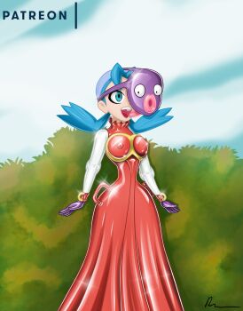 1girl bandana blue_bandanna blue_eyes blue_hair breasts bush cosplay covered_erect_nipples dildo dress gen_1_pokemon gloves highres hypnosis jynx jynx_(cosplay) kris_(pokemon) large_breasts latex latex_dress latex_gloves latex_mask lips mind_control nintendo nipples pokemon pokemon_gsc purple_gloves red_dress rosvo sex_toy shiny_clothes shiny_skin tagme teeth tongue twintails